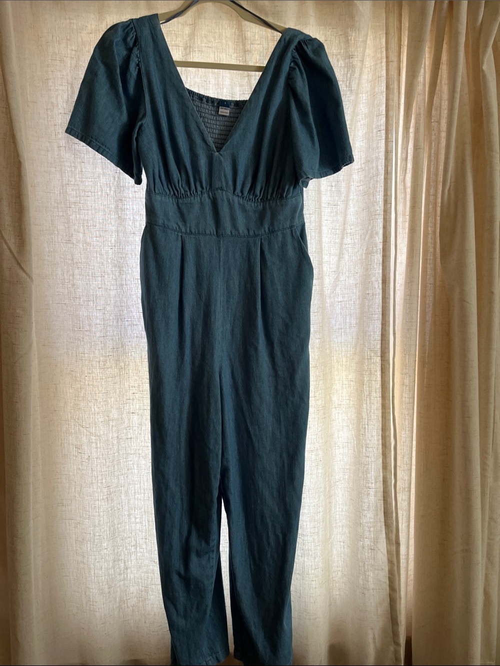 Old Navy Deep Teal V-Neck Puff Sleeve Jumpsuit